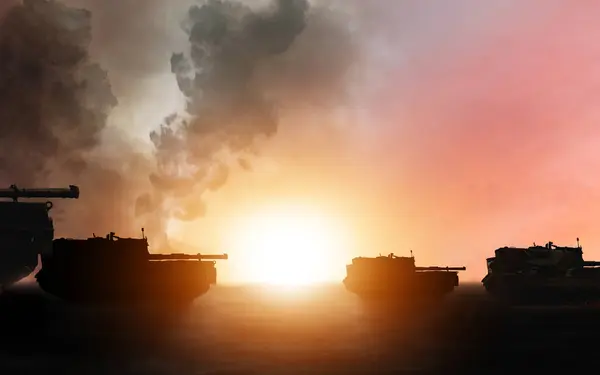 War Military Tank Silhouette Sunrise Battlefield Conflict Vehicle Politics Explosion — Stock Photo, Image