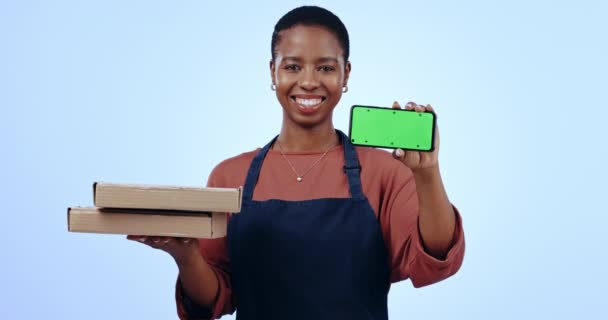 Heureuse Femme Noire Boîte Pizza Téléphone Avec Écran Vert Pour — Video
