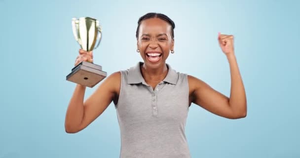 Happy Black Woman Trophy Fist Pump Celebration Winning Blue Studio — Stock Video