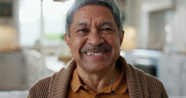 Счастливый Лицом Пожилой Человек Пенсии Смеется Гостиной Миром Свободой Благополучием — стоковое видео