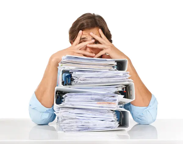Corporate File Accounting Job Stress Man Worker Portrait Audit Headache — Stock Photo, Image