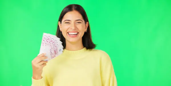 Money Winner Portrait Happy Woman Green Screen Lottery Jackpot Competition — Stock Photo, Image