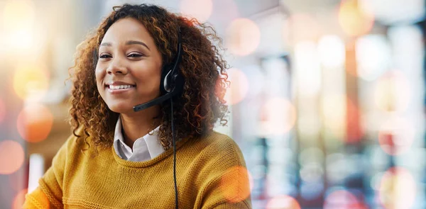 Call center, business woman and happy from web support conversation with crm and telemarketing work in office. Mockup space, discussion and customer service with contact us help and communication.