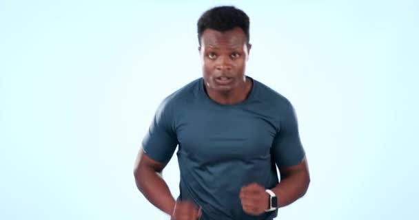 跑步和黑人男子汗流浃背训练的心脏 肌肉和耐力孤立在工作室蓝色背景 健康和疲倦的跑步者或个人为获得马拉松强度而进行的运动或锻炼 — 图库视频影像