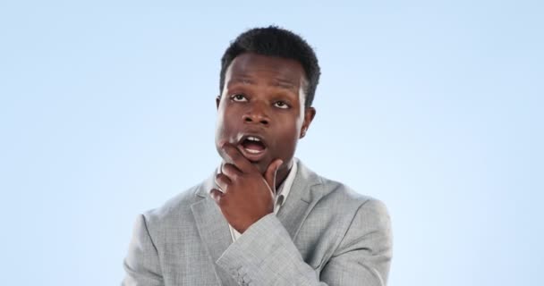 Pensamiento Solución Hombre Negro Estudio Con Lluvia Ideas Duda Expresión — Vídeo de stock