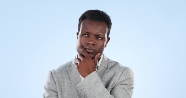 Thinking Idea Black Man Studio Brainstorming Doubt Unsure Facial Expression — Stock Video