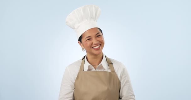 Mujer Chef Cara Con Signo Mano Del Dueño Cafetería Listo — Vídeo de stock