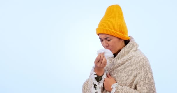 Woman Sick Flu Tissue Fever Blanket Cold Blue Studio Background — Stock Video