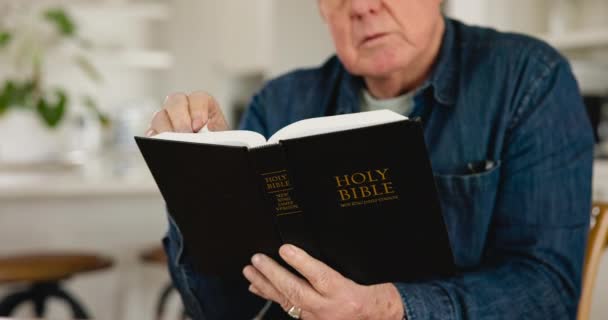 Starší Muž Ruce Bible Studovat Čtením Náboženství Poznání Pro Spojení — Stock video