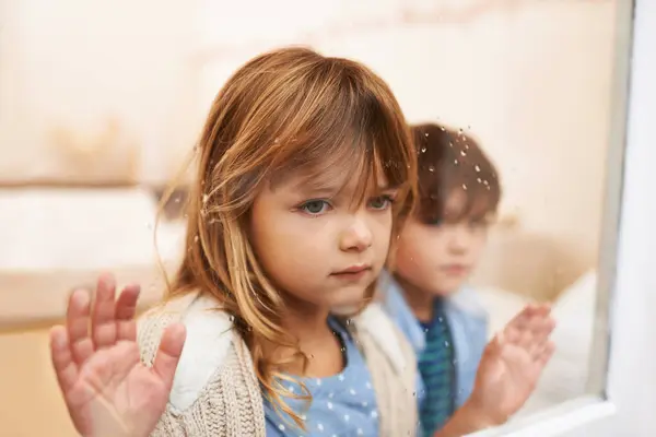 Trapped Glass Box Emotion Shot Two Unhappy Looking Young Children — Stock Photo, Image