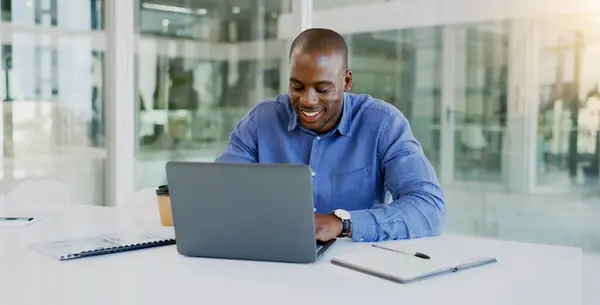 Business man, laptop and happy in office for finance, budget report and revenue proposal, taxes review or bookkeeping. Professional african worker on computer for online accounting, audit or planning.