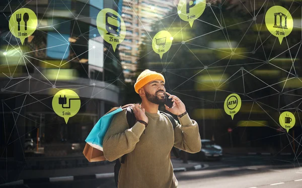 Man, phone call and shopping bag in city hologram for e commerce, travel connection or integration app. African student talk on mobile of customer service, location icon and plexus or outdoor overlay.