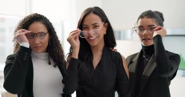 Kobiety Okulary Profesjonalna Twarz Szczęśliwych Ludzi Uśmiechają Się Współpracy Korporacyjnej — Wideo stockowe