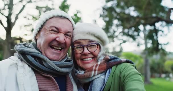 面对自己 亲吻和老年幸福的夫妻在一起 照顾和回忆老人 男人或结婚的人的照片 爱情肖像和有公园肖像的老年婚姻伴侣 — 图库视频影像