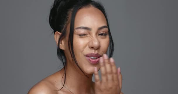 Wink Skincare Happy Woman Kiss Studio Isolated Gray Background Mockup — Stock Video