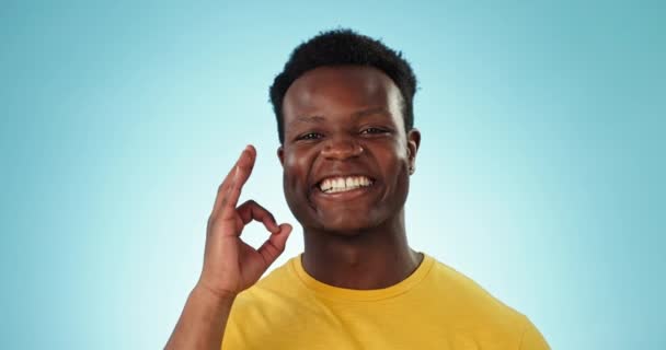 脸和男人眨眼在工作室投票 认证反馈和评估蓝色背景 人物形象 快乐的非洲典范 成功的希望 协议和卓越的象征 情感和支持 — 图库视频影像