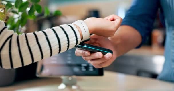 Relógio Inteligente Mãos Pagamento Café Máquina Pos Finanças Bancos Sem — Vídeo de Stock
