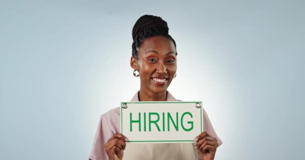 Face Happy Black Woman Hiring Sign Job Advertising Business Mockup — Stock Video