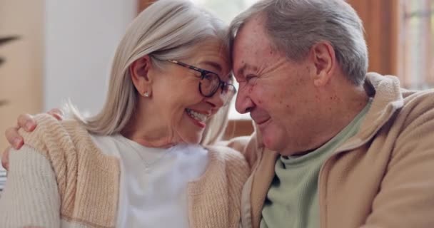 Senior Couple Happy Smiling Laugh Talking Embrace Couch Retired Retirement — Stock Video