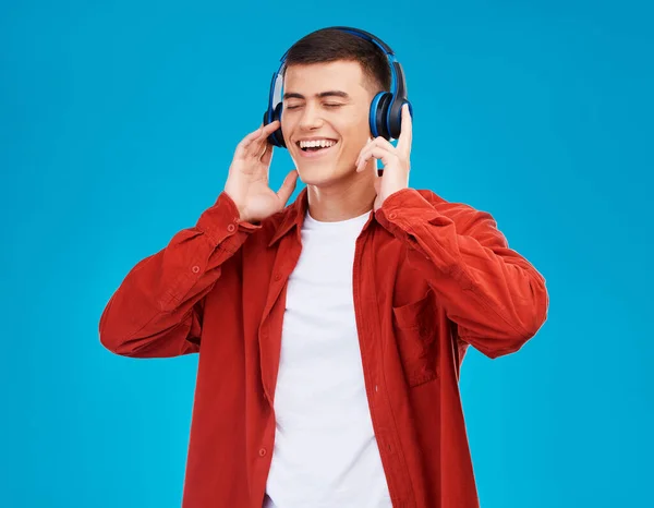 Man Smile Headphones Streaming Radio Studio Blue Background Asian Person — Stock Photo, Image
