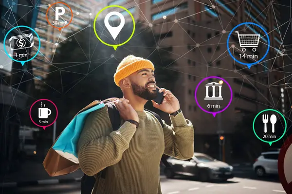 Man, phone call and city or icons hologram, shopping bag and e commerce, travel algorithm for digital search. African student talking, mobile chat and customer service or walking in augmented reality.