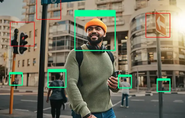Man in city, face recognition and innovation, technology and identity, information and biometric for digital transformation. Frame, tech evolution and future with urban surveillance in street.