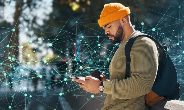 Man using phone in city, innovation and digital transformation, typing on social media and communication. Software, cyber and search urban location with global network, tech evolution and future.