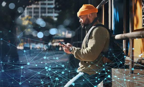 Smartphone, innovation and man in city, digital transformation with typing and communication outdoor. Software, cyber and social media with global network, tech evolution and future with bokeh.