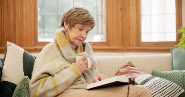 Kawa Biblia Starsza Kobieta Kanapie Domu Dla Religii Duchowego Uczenia — Wideo stockowe