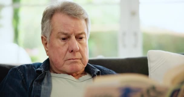 ソファーのリビングルームで本を読み シニアの男性は小説でリラックスします 引退趣味を学ぶためのラウンジでのソファーでアイデア 深刻な高齢者 — ストック動画