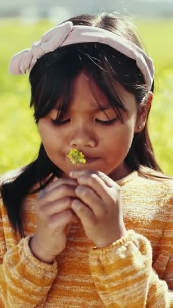 Λουλούδι Μυρωδιά Και Πορτρέτο Του Παιδιού Κήπο Αγρόκτημα Φύση Για — Αρχείο Βίντεο