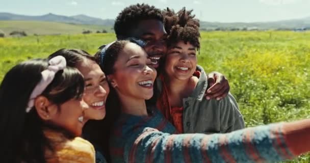 Selfie Amigos Signo Paz Con Grupo Jóvenes Aire Libre Naturaleza — Vídeo de stock