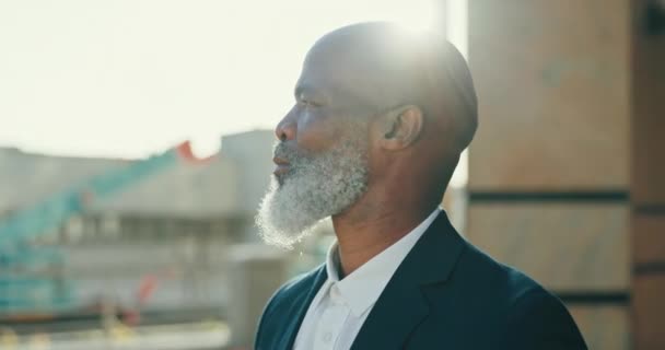 Hombre Negro Ejecutivo Senior Aire Libre Pensamiento Ambición Carrera Ideas — Vídeos de Stock