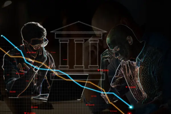 Business people, stress and financial chart with double exposure, stock market crash and data analysis. Trading crisis, debt stats and inflation by interest rate graph, bank overlay or sad accountant.