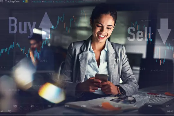 Business woman, phone and happy trading in night overlay with digital assets, investment and sell or buy statistics. Financial trader or investor on mobile software with increase, growth and profit.