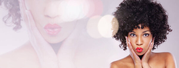 Black woman, kiss and beauty in portrait, double exposure and banner mockup for makeup and red lips on studio background. Bokeh, hair care and cosmetic overlay, hands on face with pout and lipstick.