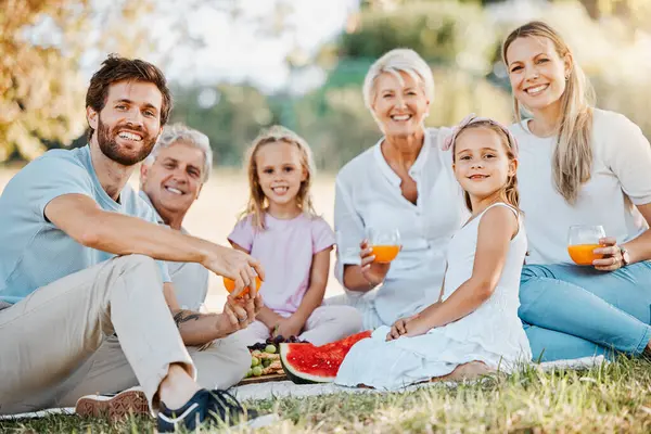 Park picnic, portrait and happy family children, parents and grandparents eating fruits, drink orange juice and enjoy outdoor nature. Love, grandpa and relax senior grandma, dad or mom bond with kids.