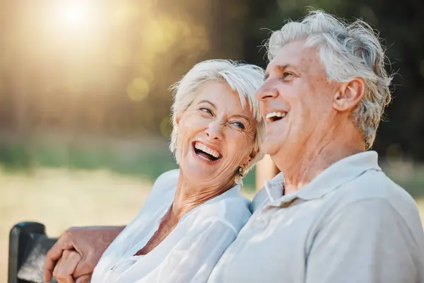 Senior Couple Laughing Park Bench Nature Garden Love Support Bonding — Stock Photo, Image