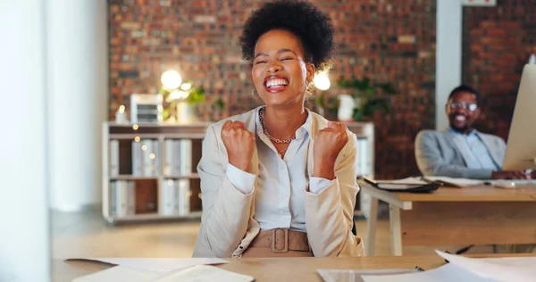 Black woman, celebration and happiness in office for winning promotion, bonus or achievement of goals. Yes, employee and entrepreneur with success, feedback and excited winner of work opportunity.
