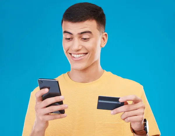 Kreditkarte Commerce Und Mann Mit Smartphone Bezahlung Und Transaktion Auf — Stockfoto