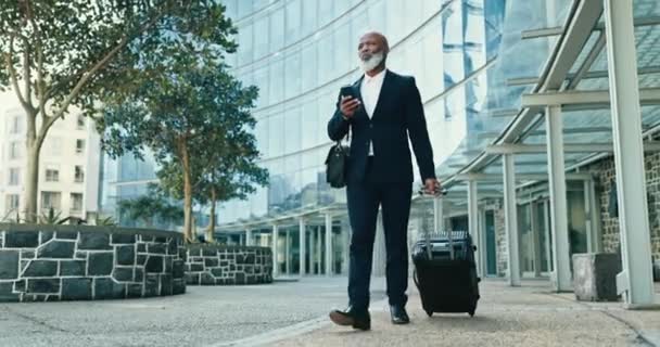 スーツケース ビジネスマンは 空港で企業の仕事旅行のフライトのために市内を歩いています プロフェッショナルなアフリカのエグゼクティブエグゼクティブエグゼクティブエグゼクティブエグゼクティブエグゼクティブエグゼクティブは 都市都市に建てることによって携帯電話でネットワークを構築します — ストック動画