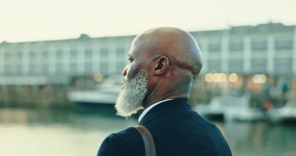 Hombre Negro Abogado Senior Ciudad Pensamiento Ambición Profesional Ideas Negocios — Vídeo de stock