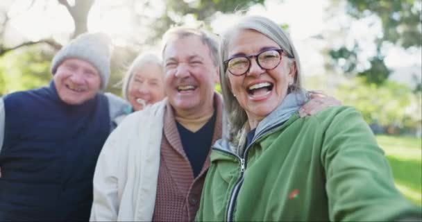 Πάρκο Selfie Πρόσωπο Και Ηλικιωμένους Χαρούμενους Φίλους Συγκόλληση Υποστήριξη Και — Αρχείο Βίντεο