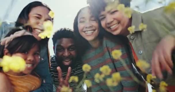 Lidé Přátelé Znamení Míru Terénu Venkovní Nebo Letní Dobrodružství Květiny — Stock video