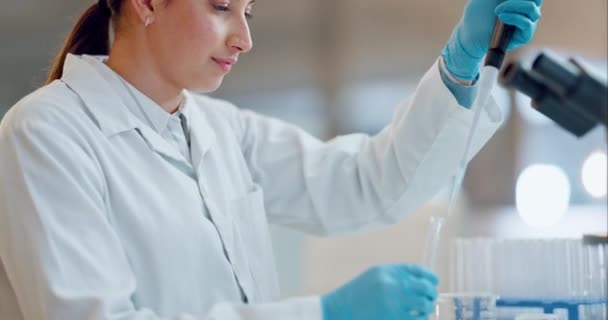 Tudomány Kutatás Pipettával Felülvizsgálat Biotechnológiai Megoldás Laboratóriumban Orvosi Innováció Boldog — Stock videók