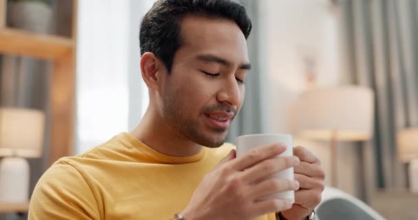 Asiatische Mann Kaffee Oder Aroma Und Trinken Mit Lächeln Für — Stockvideo