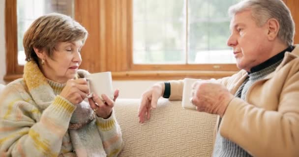 Konuşun Yaşlı Çift Evde Dinlenin Sabahları Birlikte Kahve Içki Sohbet — Stok video