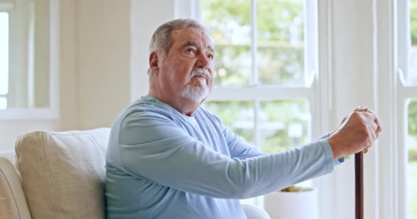 シニアマン 歩くスティックと自宅やリビングルームにノスタルジア 記憶や引退の決定 高齢者 認知症 アルツハイマー病の老人は 家での過去や歴史を覚えています — ストック動画