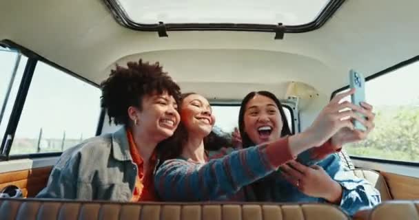 Excursie Șosea Selfie Prietenii Femeilor Într Furgonetă Pace Mâini Poziție — Videoclip de stoc