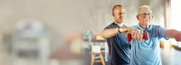 Fitness banner, weights or physiotherapist with senior man for arm exercise or body workout in recovery. Physical therapy, rehabilitation mockup space or mature client training with dumbbell or coach.